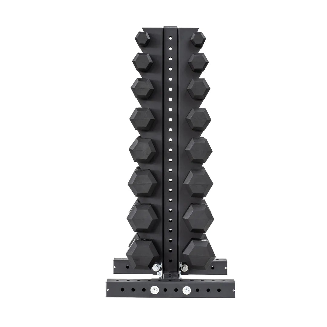5-40 LB Rubber Hex Dumbbell Set with Vertical Storage Rack (8 Pairs) V1