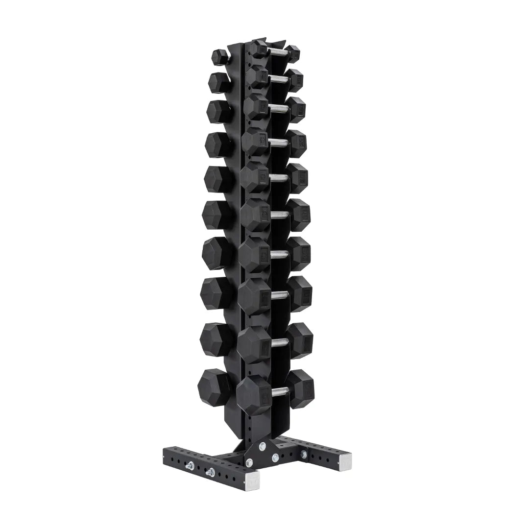 5-50 LB Rubber Hex Dumbbell Set with Vertical Storage Rack (10 Pairs) T2